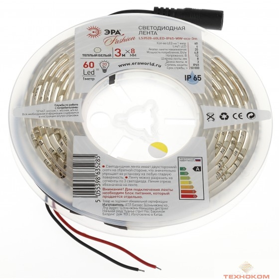 ЭРА Б0002326 Лента светодиодная 4,8Вт/м LS3528-60LED-IP65-WW-eco-3m Белый {Лента светодиодная 3м/8мм}